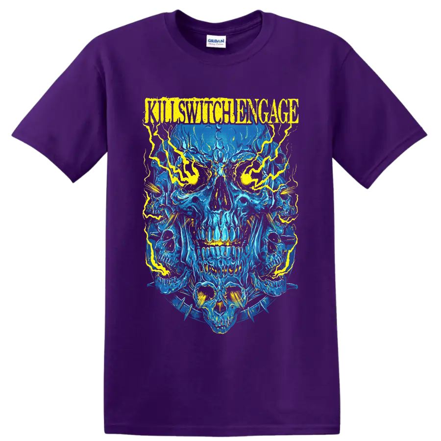 Killswitch Engage distressed logo above electric-blue skulls with yellow lightning on a Purple T Shirt