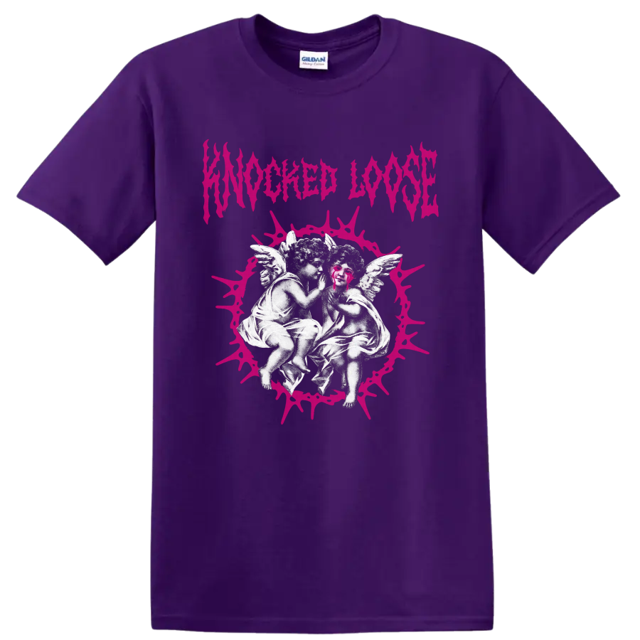 Knocked Loose gothic angel artwork with hot-pink thorn halo and jagged wordmark on a Purple T Shirt