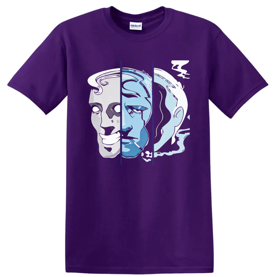 Knocked Loose Laugh Tracks blue and white split-face portrait metalcore graphic on a Purple T Shirt
