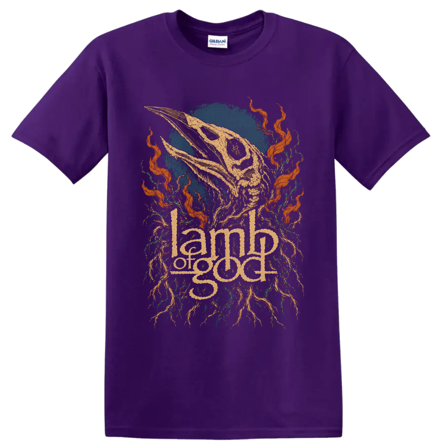 Lamb Of God ornate logo beneath distressed animal skull, roots, and orange flames on a Purple T Shirt