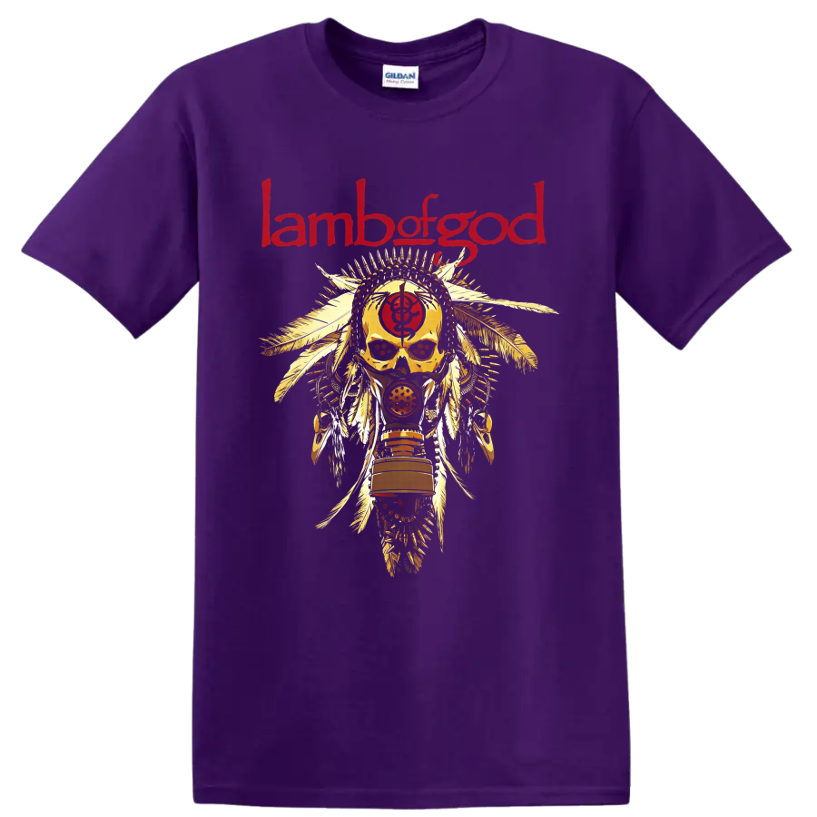 Lamb of God red logo above feathered skull and respirator mask metal artwork on a Purple T Shirt