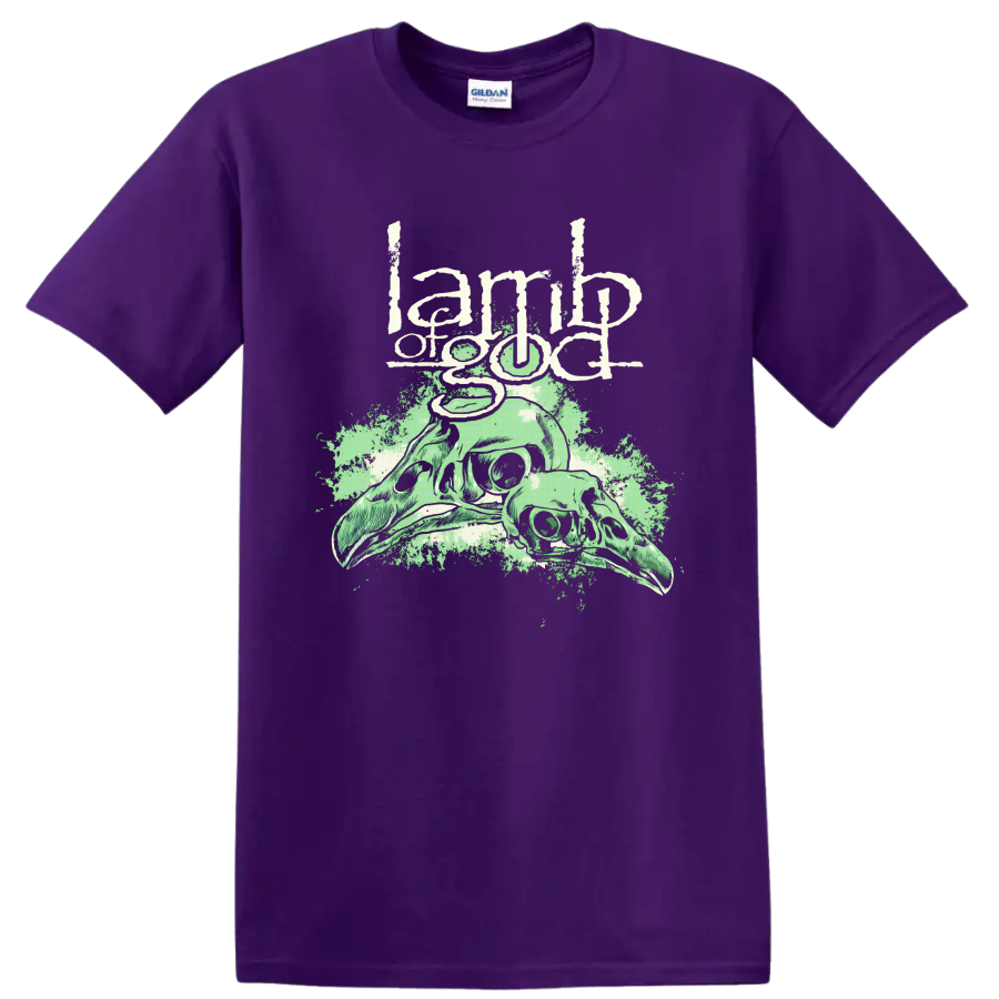 Lamb of God distressed logo above pale green animal skulls and splatter art on a Purple T Shirt