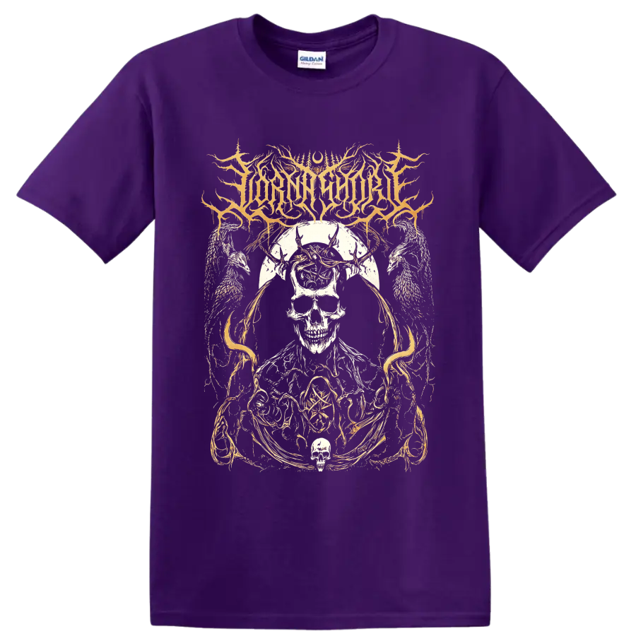 Lorna Shore skull, horned figure, angel wings, and ornate gothic linework on a Purple T Shirt