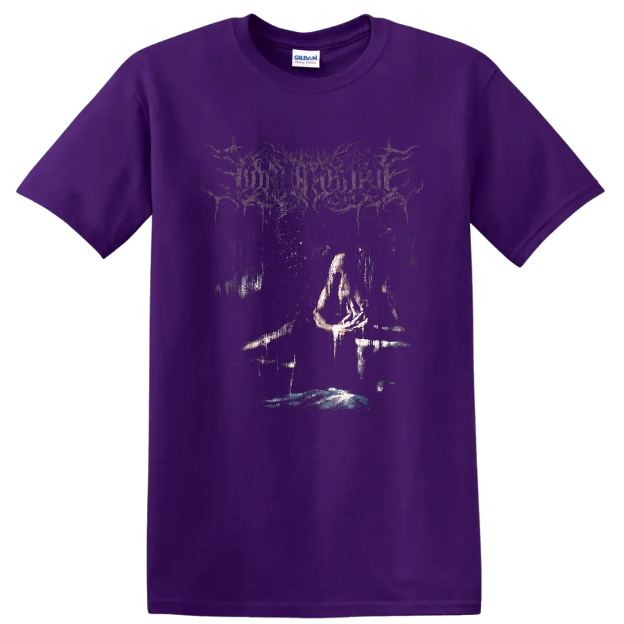 Lorna Shore logo above a dark surreal faceless figure with skeletal branches on a Purple T Shirt