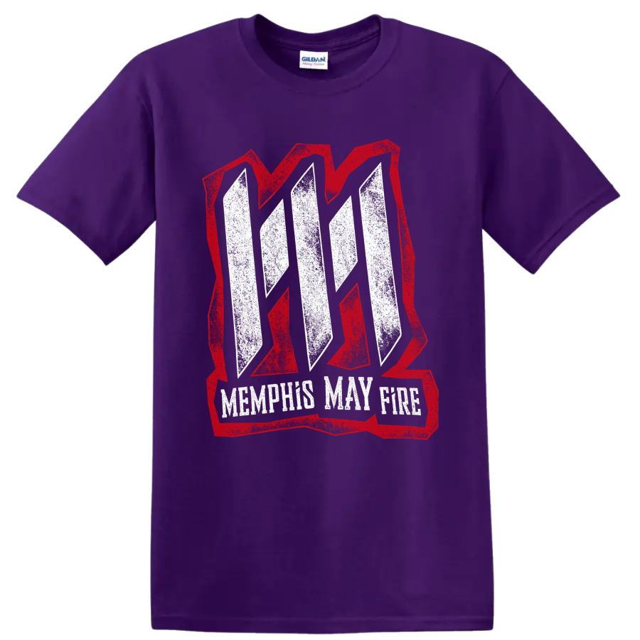 Memphis May Fire distressed white logo inside a bold red angular emblem on a Purple T Shirt