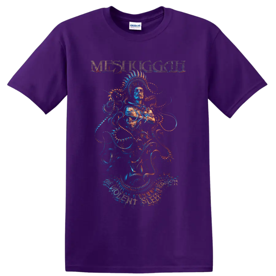 Meshuggah surreal masked figure with spiked halo and blue-orange mechanical tendrils on a Purple T Shirt