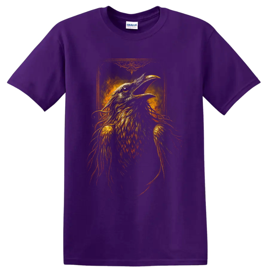 Detailed gothic raven illustration with fiery feathers and ornate vintage frame on a Purple T Shirt