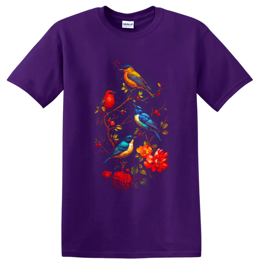 Vibrant songbirds on flowering berry branches in a colorful botanical illustration on a Purple T Shirt
