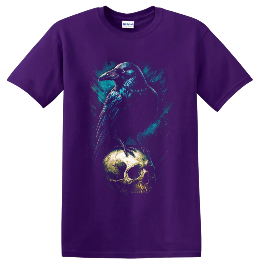 Teal grunge raven perched on a weathered skull gothic bird illustration on a Purple T Shirt