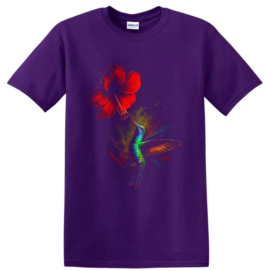 Vibrant hummingbird reaching toward a red hibiscus in dramatic painterly wildlife art on a Purple T Shirt