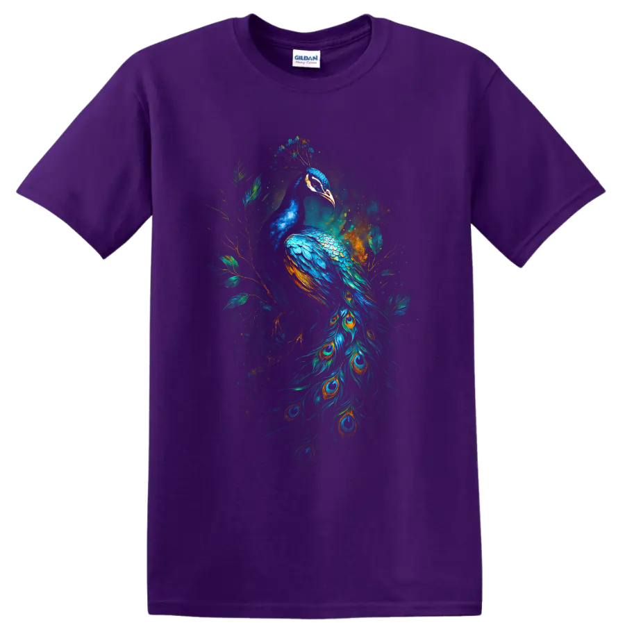 Modernist peacock illustration with vivid blue plumage, eye-feather tail, and leafy on a Purple T Shirt