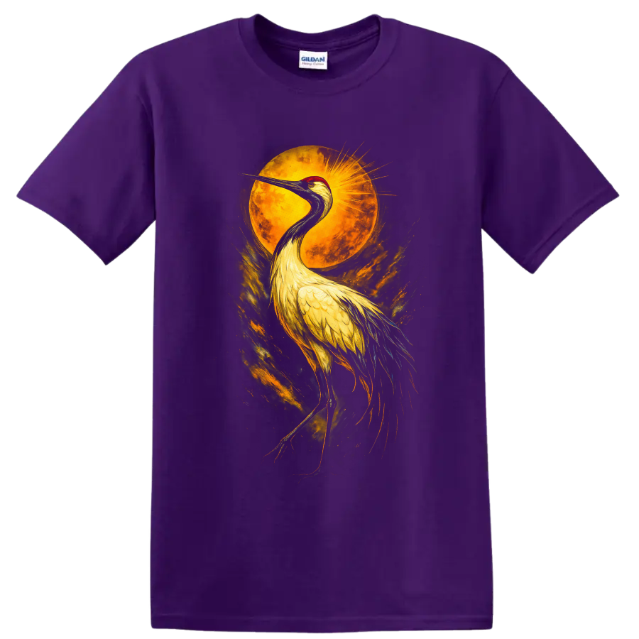 Sandhill crane beneath a golden sun in dramatic painterly wildlife art on a Purple T Shirt
