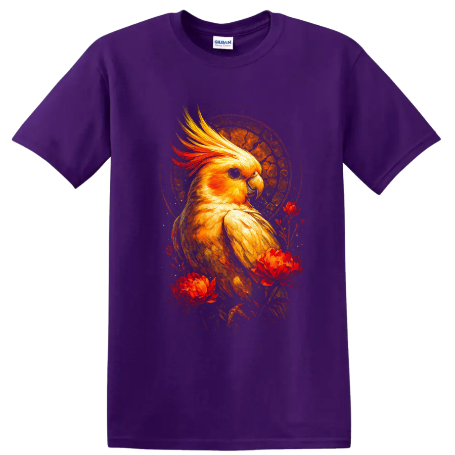 Golden cockatiel portrait with red flowers and textured sunset halo on a Purple T Shirt
