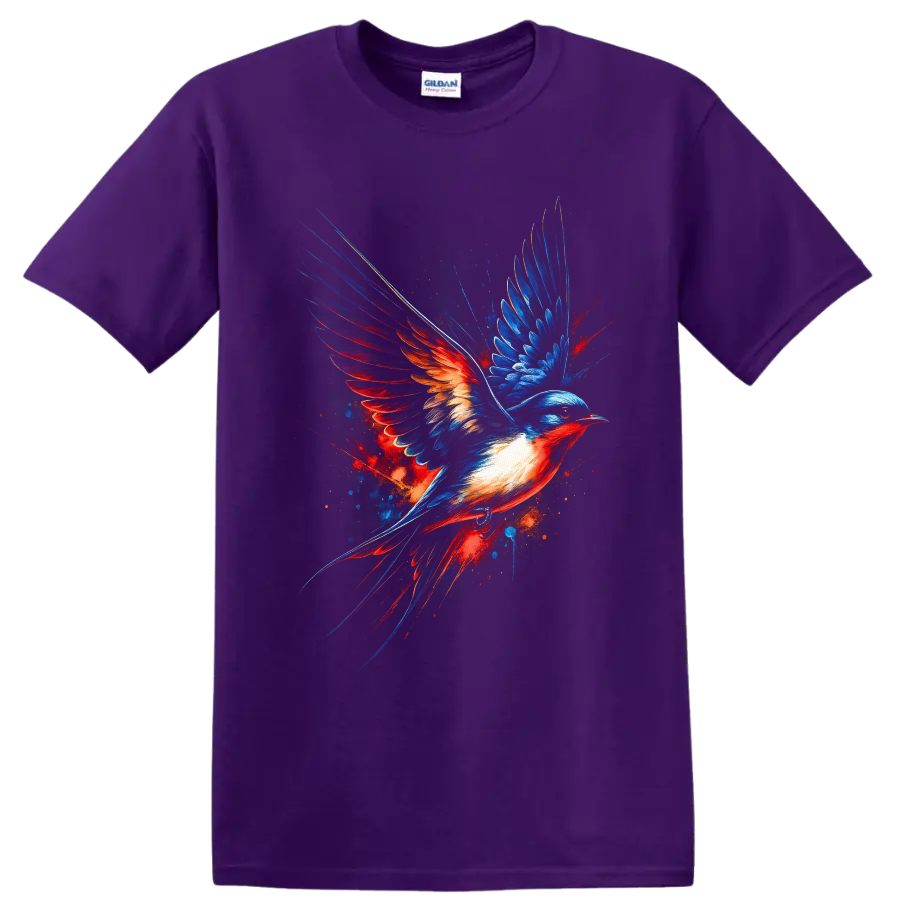 Dynamic artistic swallow in flight with electric blue and fiery red painted wings on a Purple T Shirt