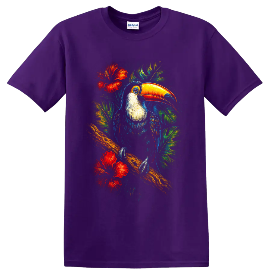 Vibrant painterly toucan on a branch with tropical leaves and red hibiscus flowers on a Purple T Shirt