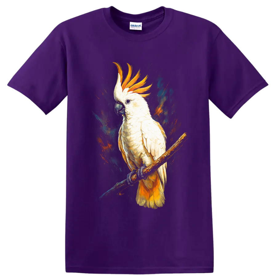 Sulphur-crested cockatoo perched on a branch in dramatic modern wildlife art on a Purple T Shirt