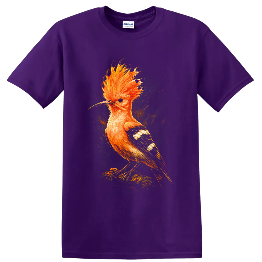 Vibrant artistic hoopoe bird with orange crest, patterned wings, and painterly background on a Purple T Shirt