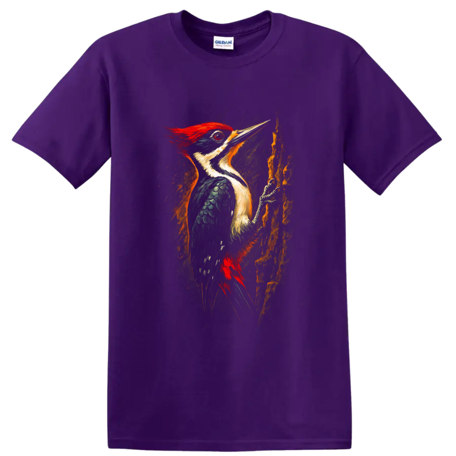 Vibrant painterly pileated woodpecker perched on textured tree bark on a Purple T Shirt