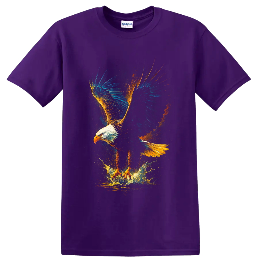 Soaring bald eagle wildlife art with blue wings, golden paint splashes, and water burst on a Purple T Shirt