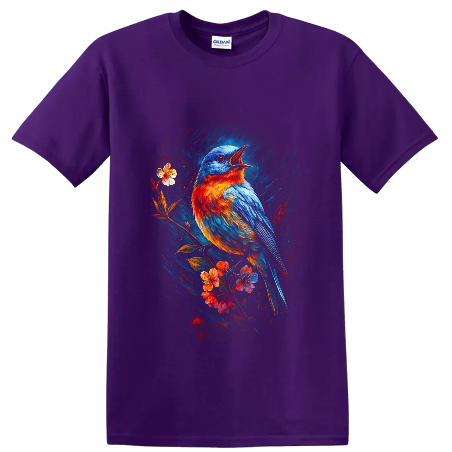 Eastern bluebird singing on a flowering branch in vivid painterly bird art on a Purple T Shirt
