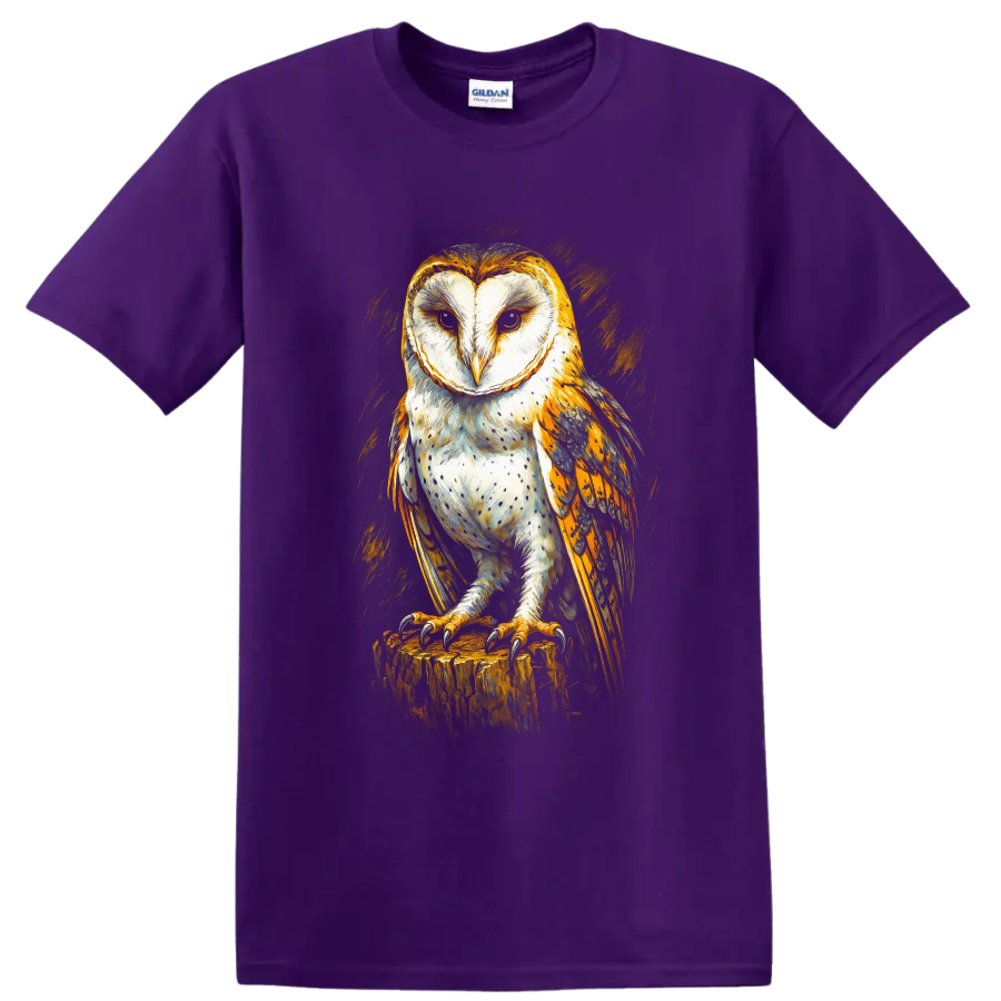 Realistic barn owl perched on a tree stump in dramatic golden painterly wildlife art on a Purple T Shirt