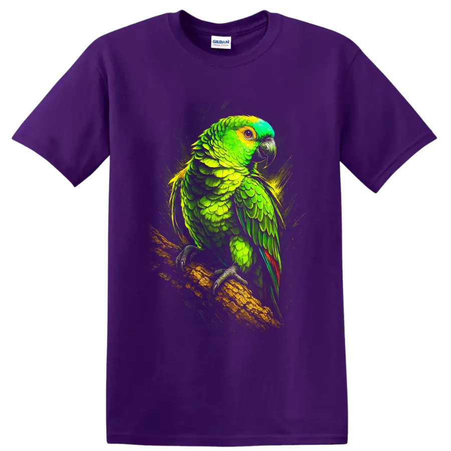 Dramatic neon-style Amazon parrot perched on a branch on a Purple T Shirt