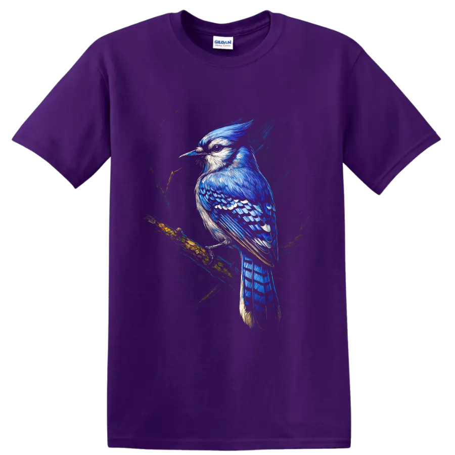 Painterly blue jay perched on a mossy branch with vivid blue feathers on a Purple T Shirt