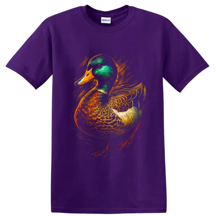 Realistic mallard drake portrait with vivid orange and gold painterly brushstrokes on a Purple T Shirt