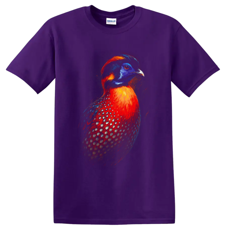 Vibrant painted Temminck's tragopan pheasant portrait with blue, red, and spotted plumage on a Purple T Shirt