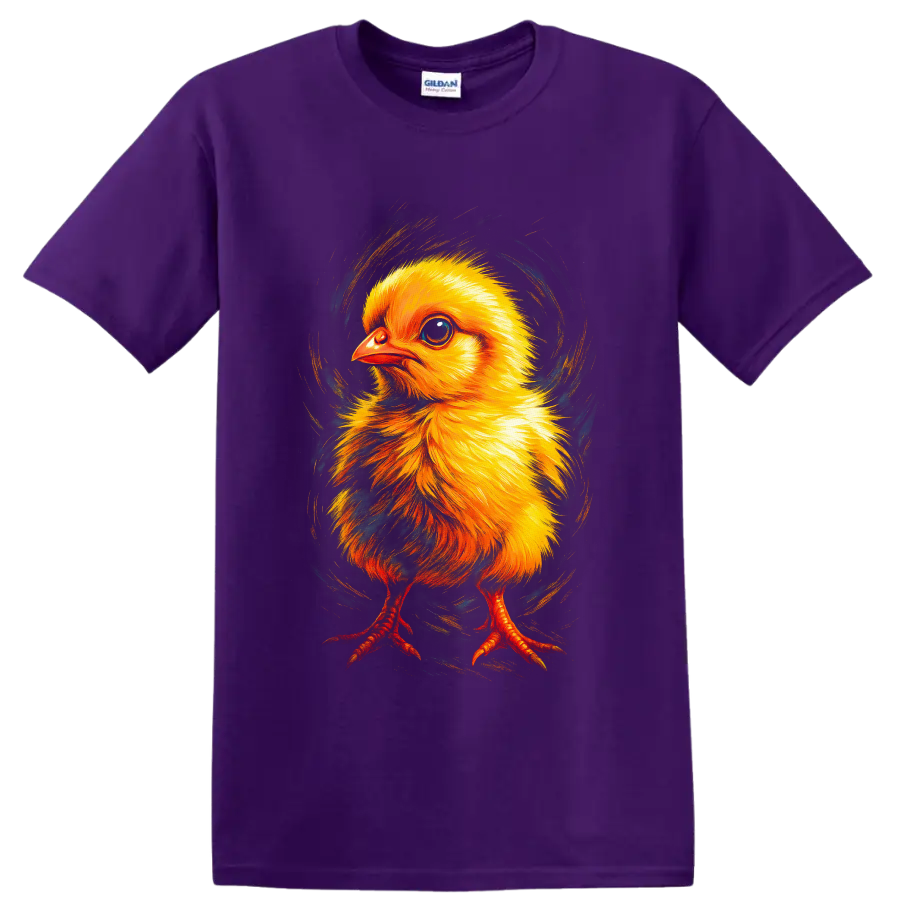 Colorful painted baby chick with yellow feathers and swirling teal brushwork on a Purple T Shirt
