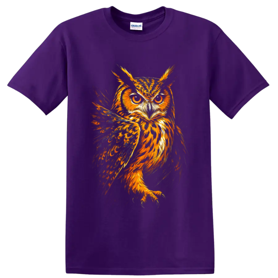Fiery painterly Eurasian eagle-owl portrait with amber eyes and spread dark wings on a Purple T Shirt
