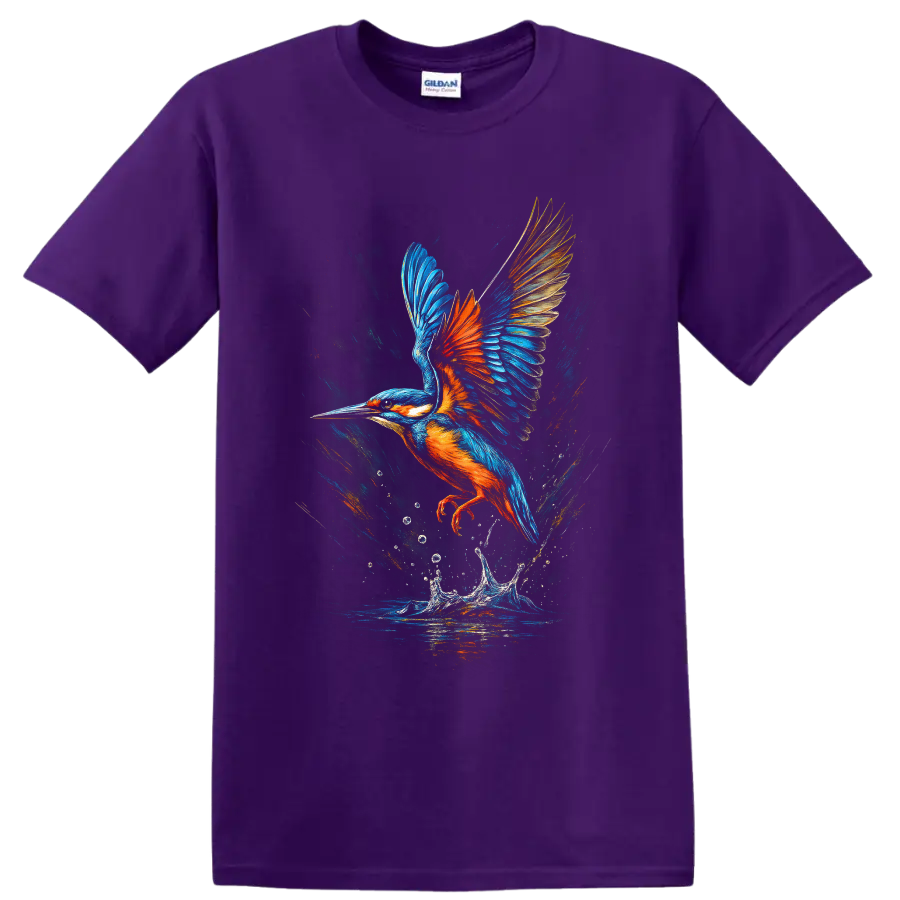 Colorful kingfisher in flight above a water splash in painterly wildlife art on a Purple T Shirt