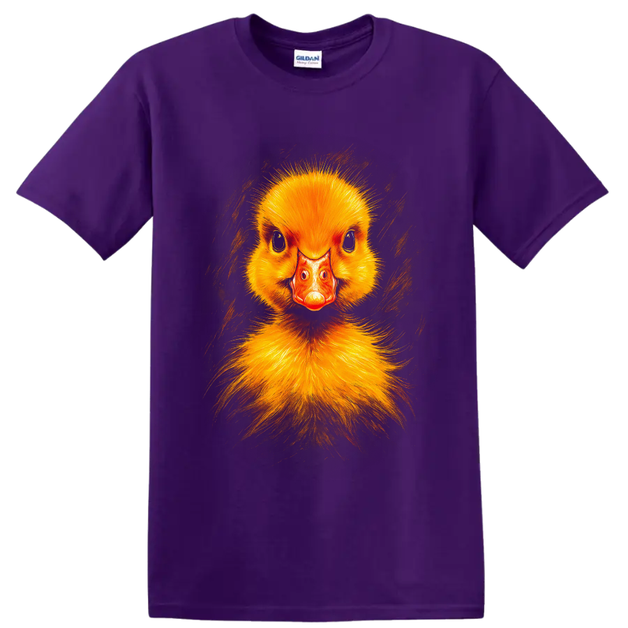 Modern realistic yellow duckling portrait with orange bill and painterly brush strokes on a Purple T Shirt