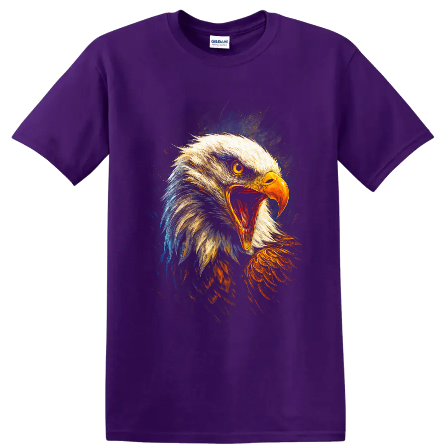 Roaring bald eagle portrait in vivid painterly gold, orange, blue, and dark tones on a Purple T Shirt