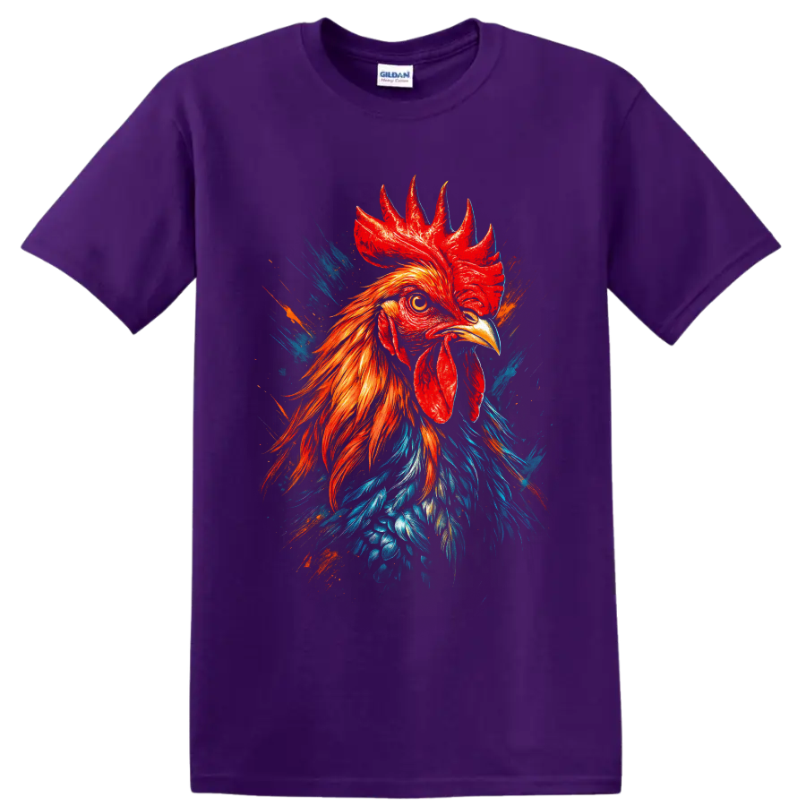 Realistic rooster portrait with red, orange, and blue paint-splash graphic art on a Purple T Shirt