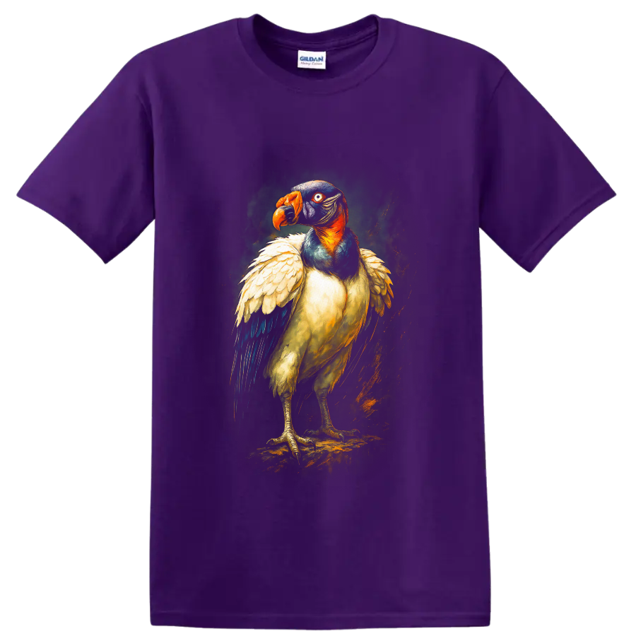 Painterly king vulture portrait with orange beak, colorful head, and layered feathers on a Purple T Shirt