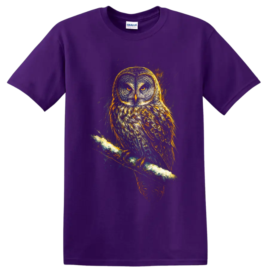 Realistic owl with amber eyes perched on a branch in dramatic nighttime wildlife art on a Purple T Shirt