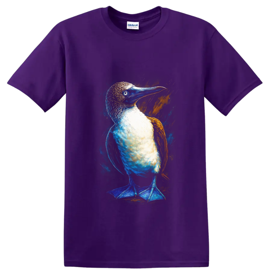 Blue-footed booby portrait in vivid blue and orange modern paint-splash style on a Purple T Shirt