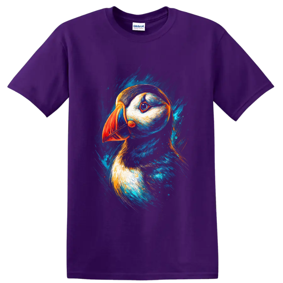 Modern puffin portrait with orange beak and vivid blue painterly brushstrokes on a Purple T Shirt