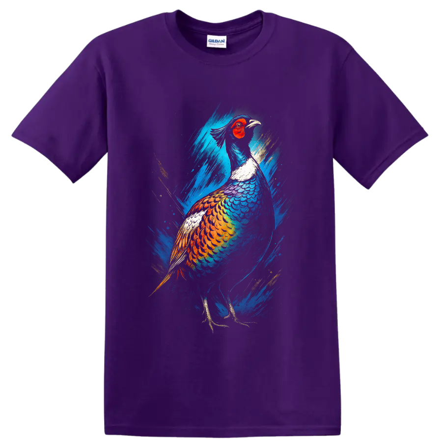Colorful pheasant in modern blue and gold brushstroke wildlife art on a Purple T Shirt