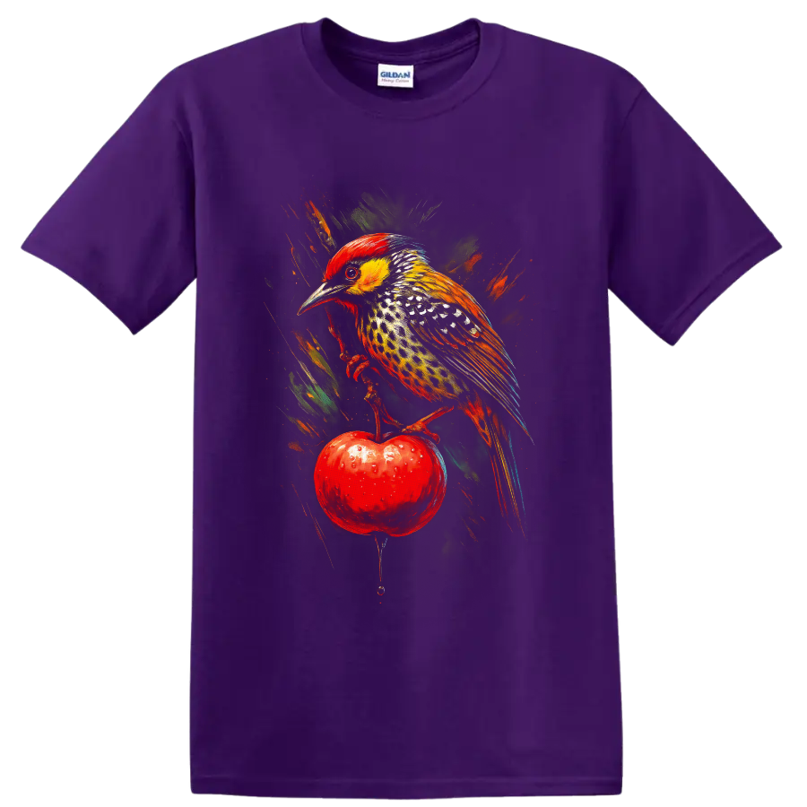 Coppersmith barbet perched on a red apple in vivid painterly wildlife art on a Purple T Shirt