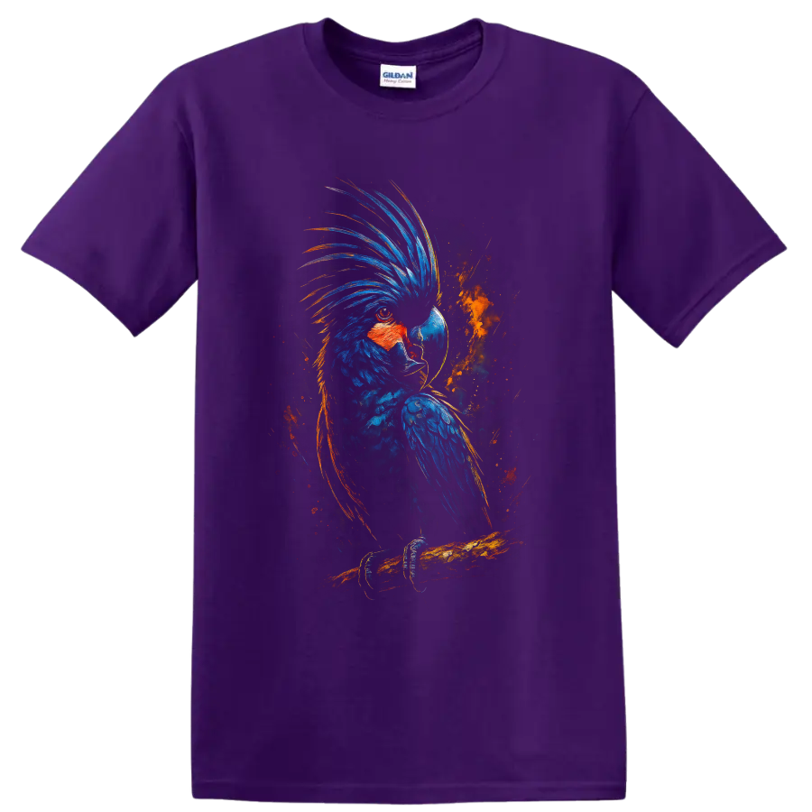 Blue Macaw parrot perched on a branch in dramatic blue and orange painterly wildlife art on a Purple T Shirt