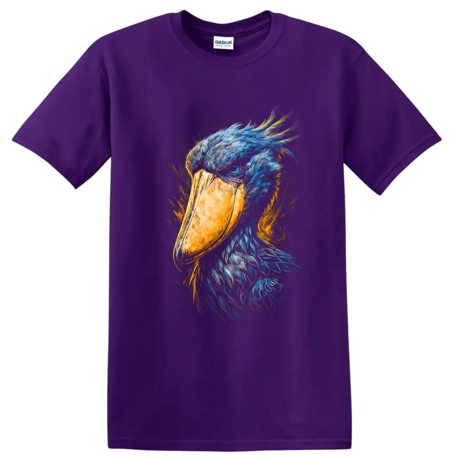 Shoebill stork portrait in blue feathers with a golden bill and painterly orange accents on a Purple T Shirt