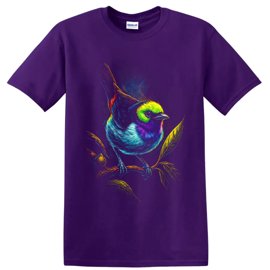 Vibrant painted bunting illustration perched on a leafy branch in neon wildlife art on a Purple T Shirt