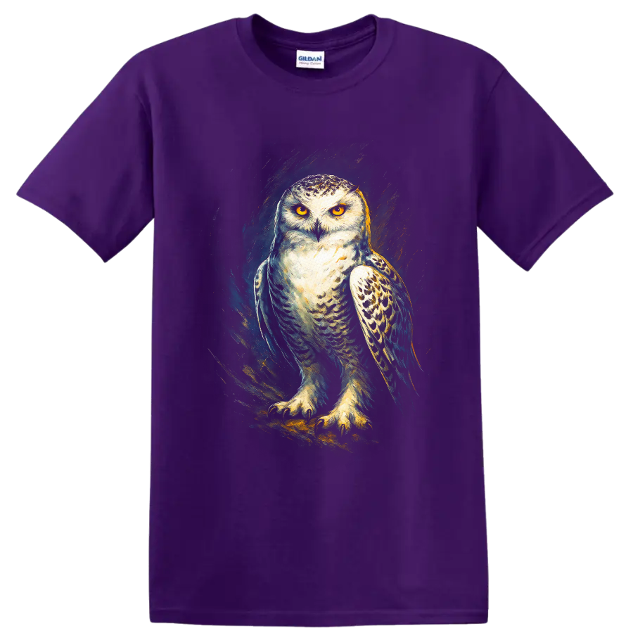 Snowy owl with golden eyes in dramatic teal and gold painterly wildlife art on a Purple T Shirt