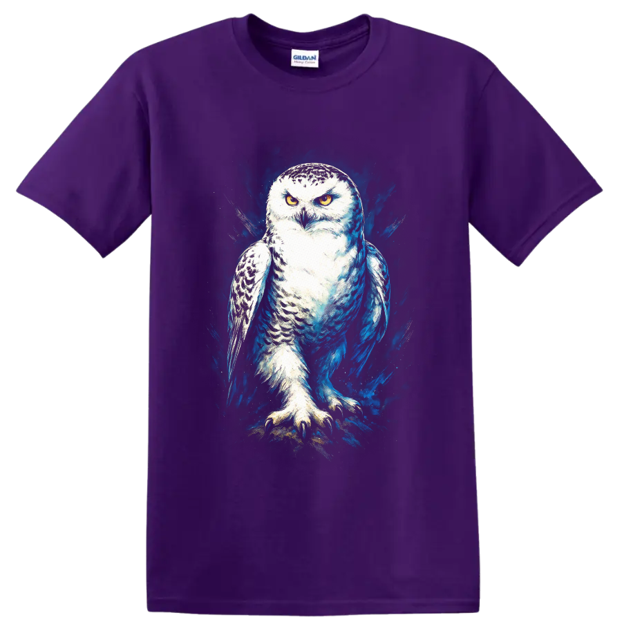 Snowy owl with golden eyes in dramatic blue paint splash wildlife art on a Purple T Shirt