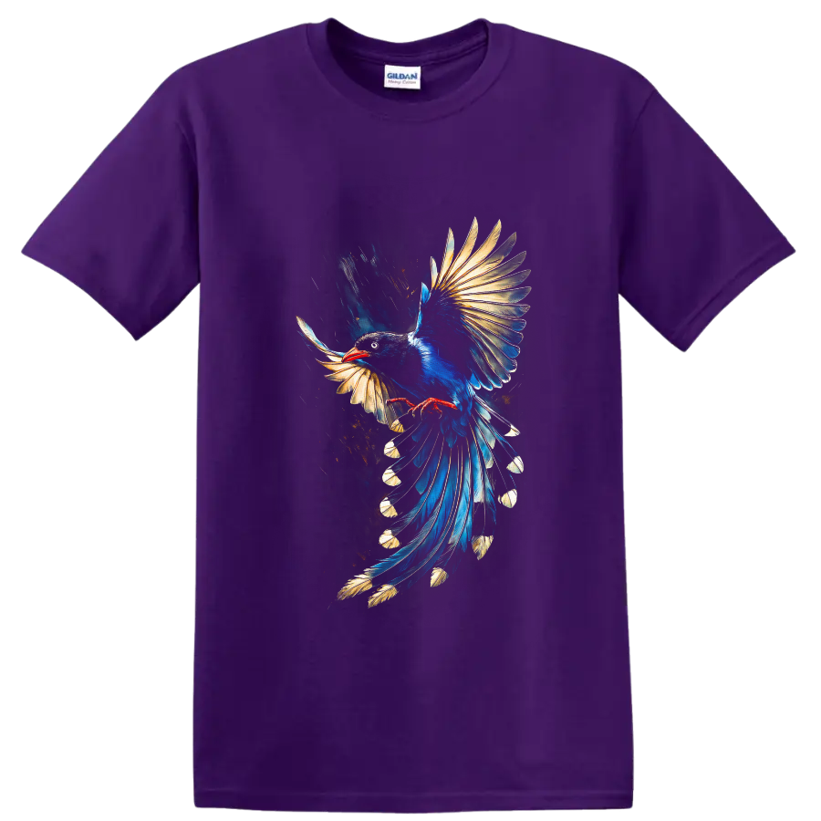 Blue magpie in flight with gold-tipped feathers and painterly brushstroke art on a Purple T Shirt