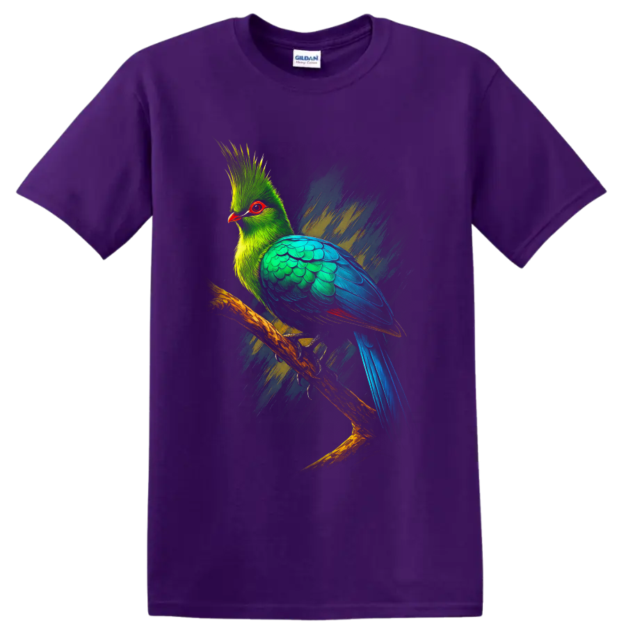 Great Blue Turaco in vibrant modern brushstroke bird art perched on a branch on a Purple T Shirt