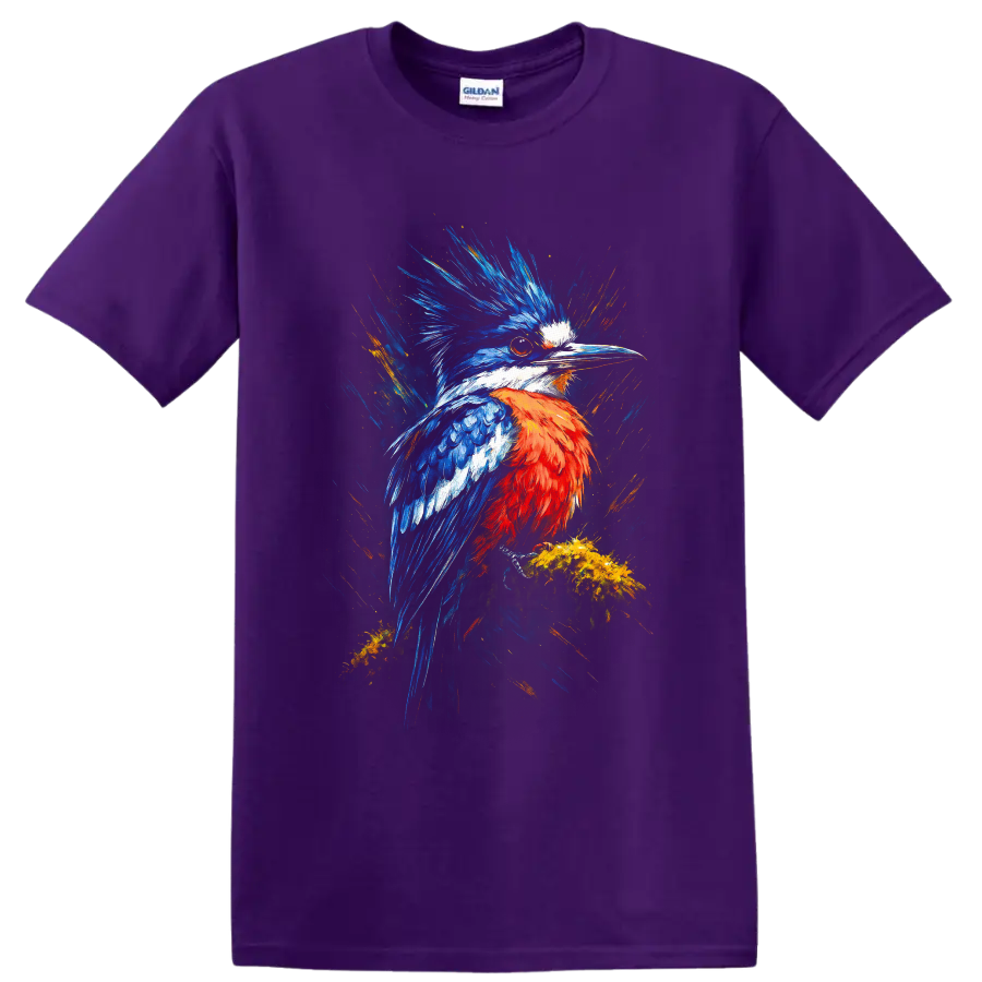 Crested Kingfisher in vivid blue and orange painterly wildlife art on a Purple T Shirt