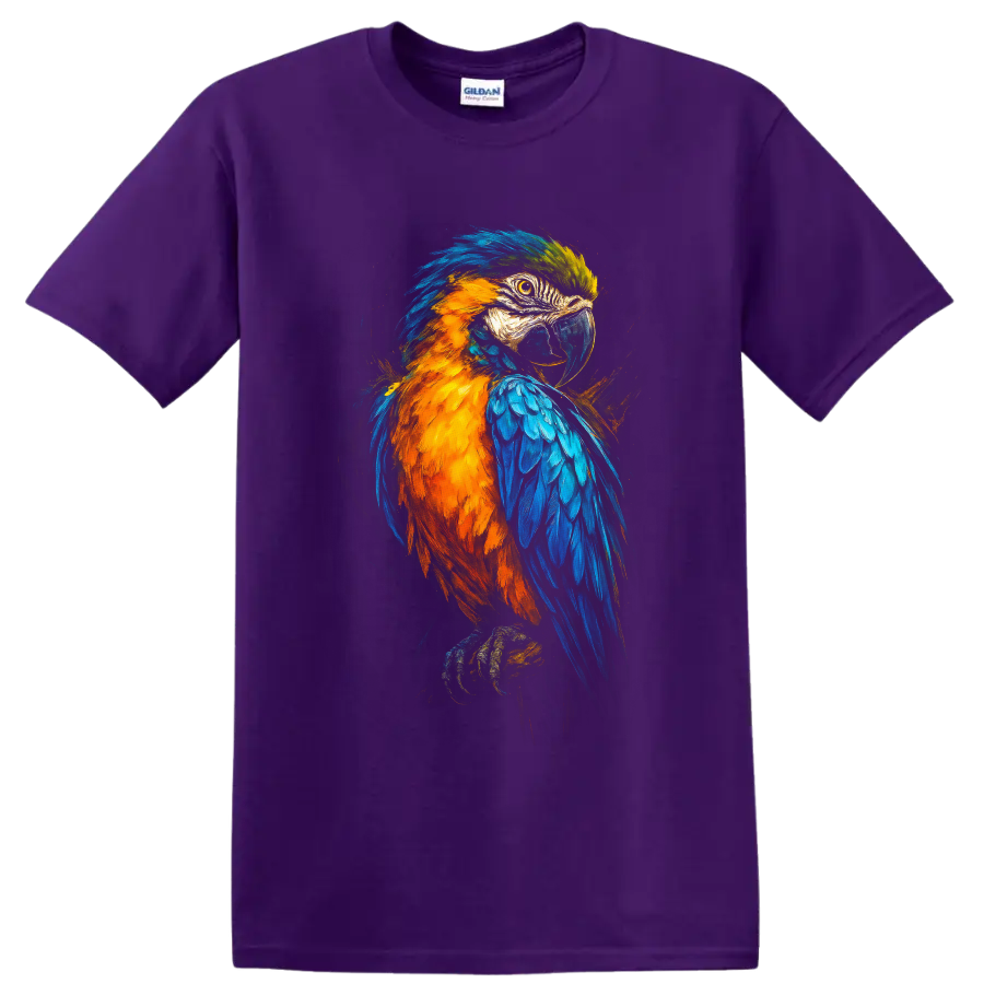 Colorful painterly macaw parrot portrait with blue and orange feathers on a Purple T Shirt